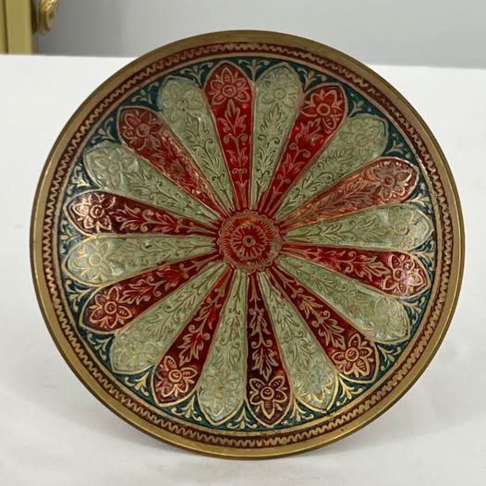 Vintage Enamel Brass Floral Mandala Plate